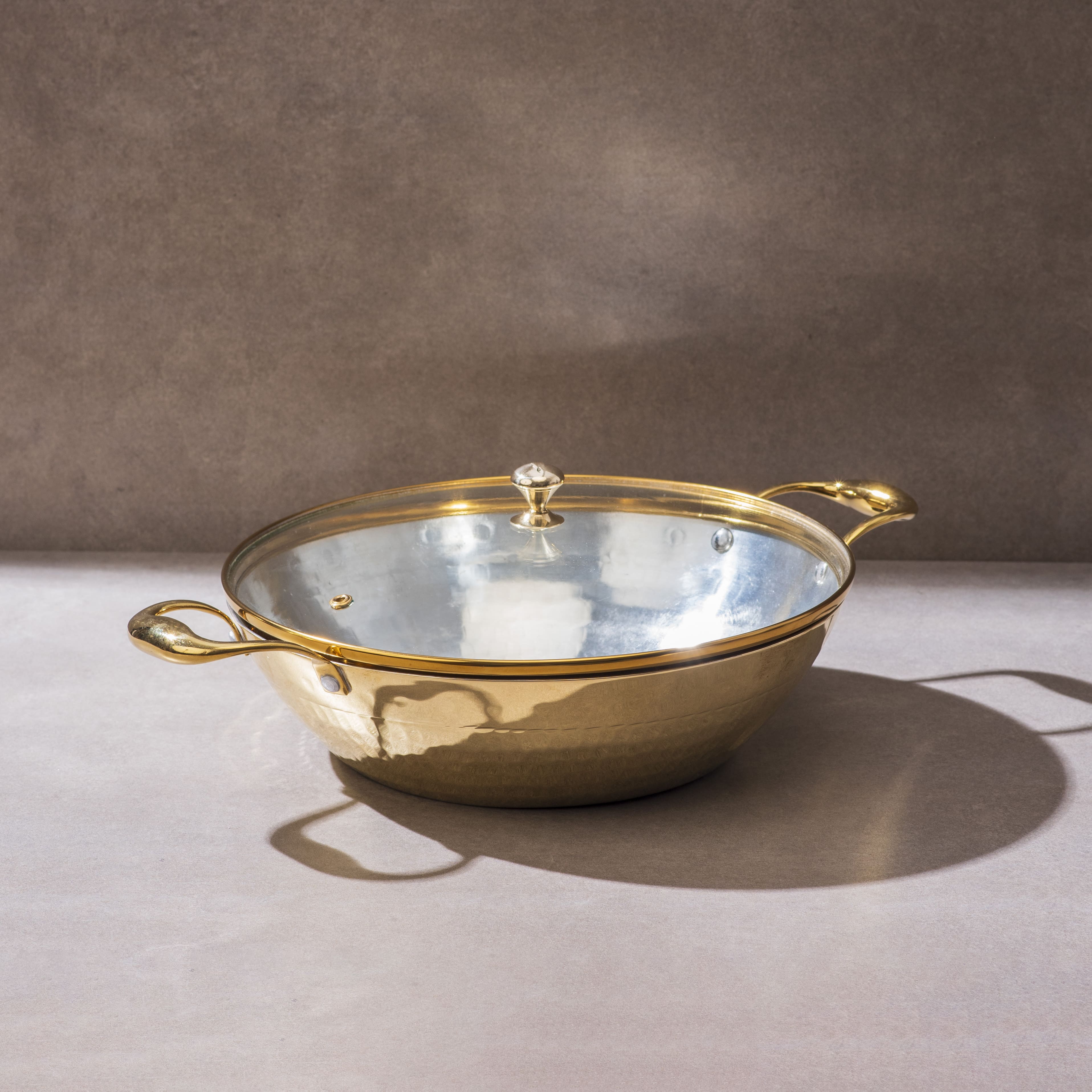 Flat Base Brass Kadhai with Glass Lid-Naturally non stick, Non Toxic, Teflon Free P-TAL